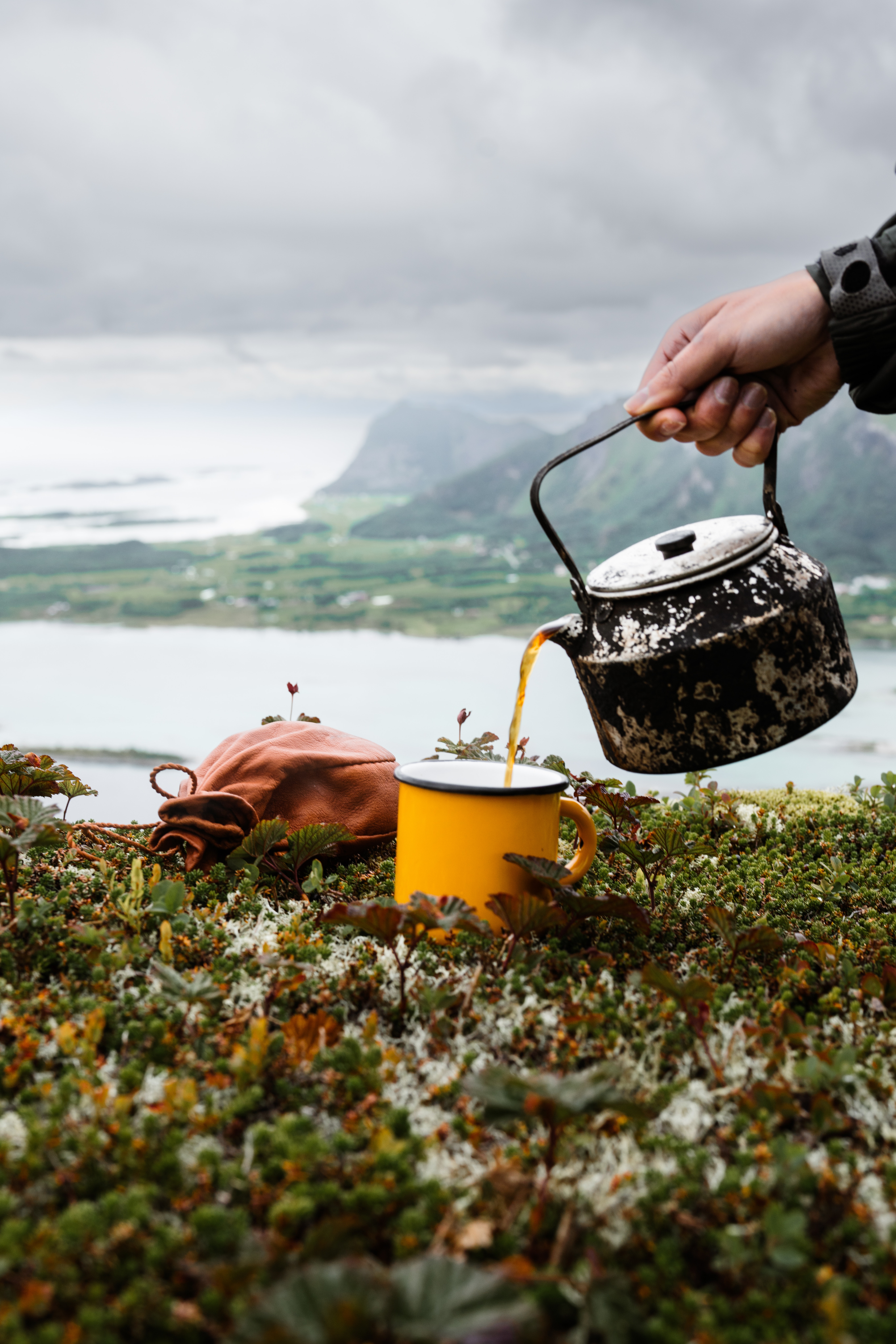 pouring tea lakeside