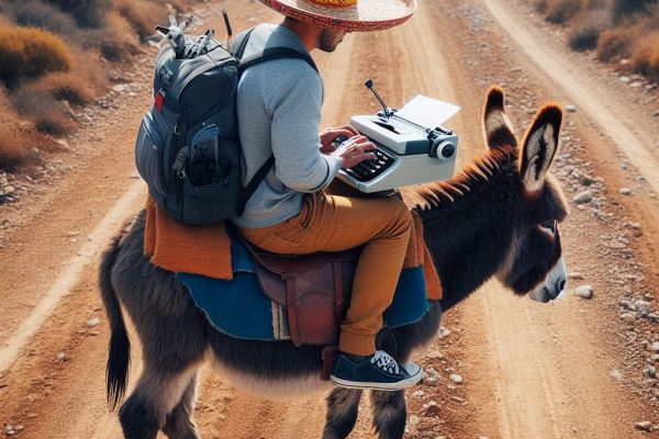 man riding a donkey and writing, in Cyprus