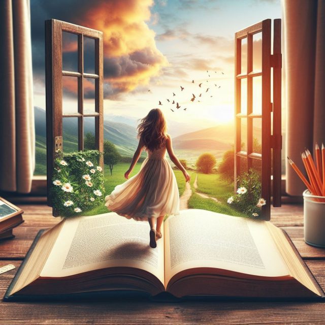 a beautiful woman walks out of a book