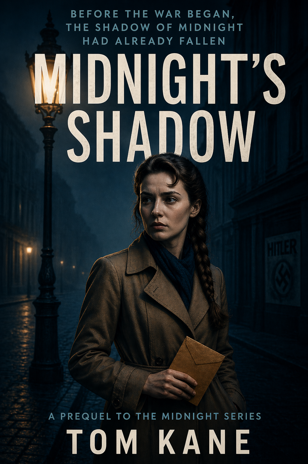 A woman with a serious expression holding a brown evelope, set against a dimly lit street.