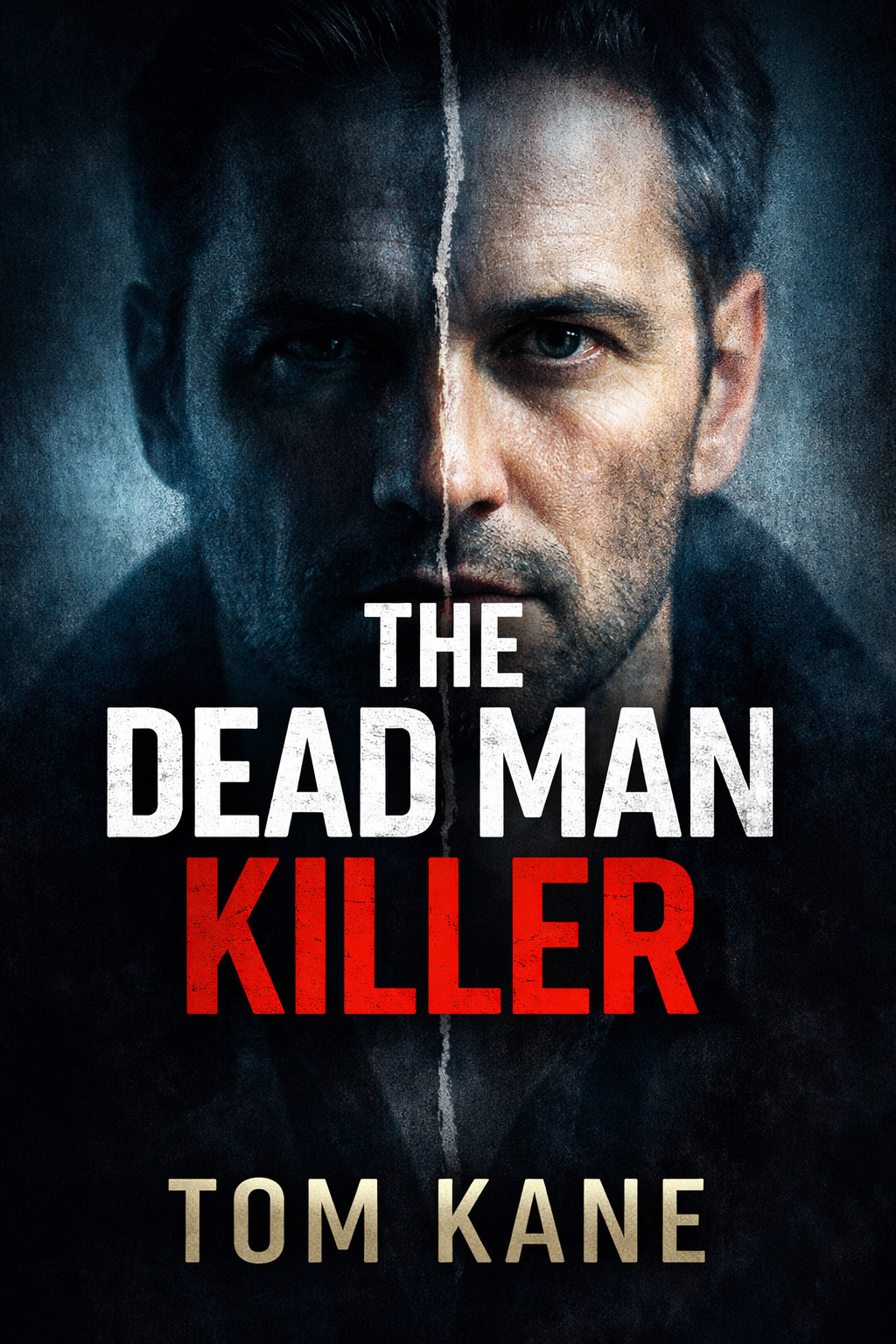 Book cover featuring a man split between light and shadow, titled "The Dead Man Killer" by Tom Kane.