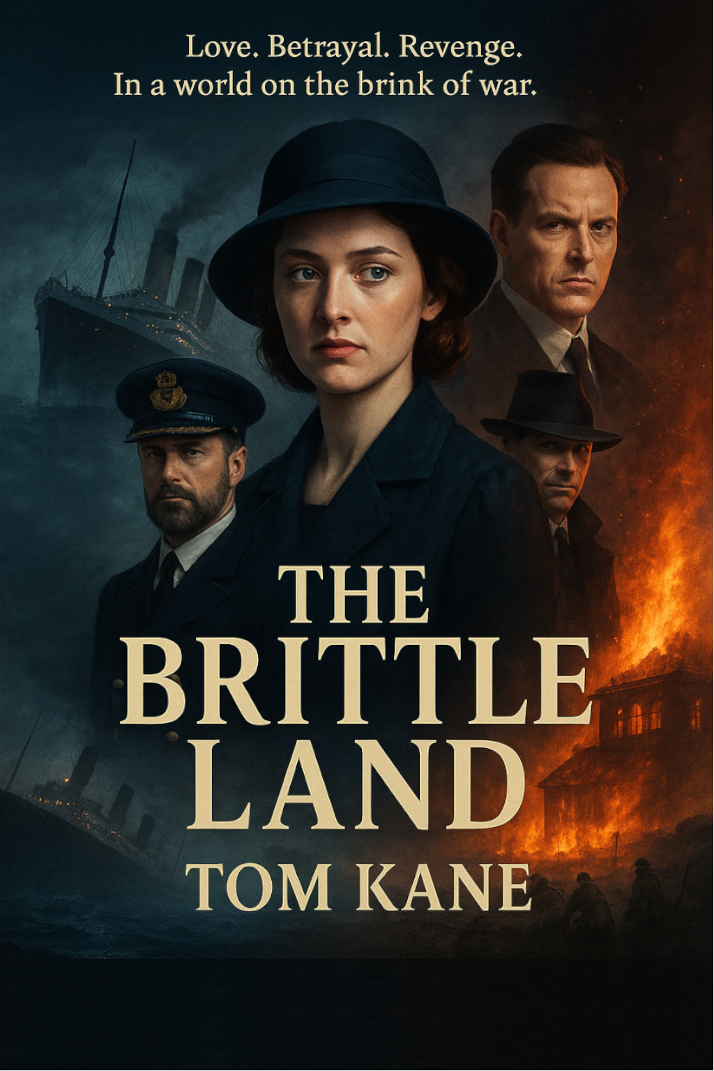 A woman in a hat with two men, set against a ship backdrop, representing a historical theme.