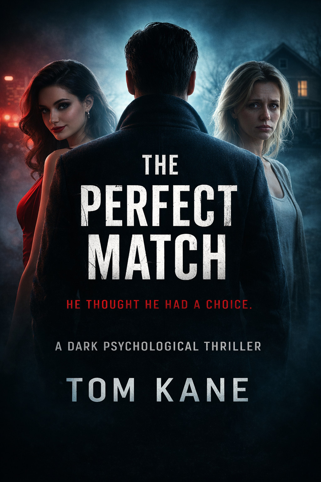 Book cover featuring a man between two women, with a dark, suspenseful atmosphere.
