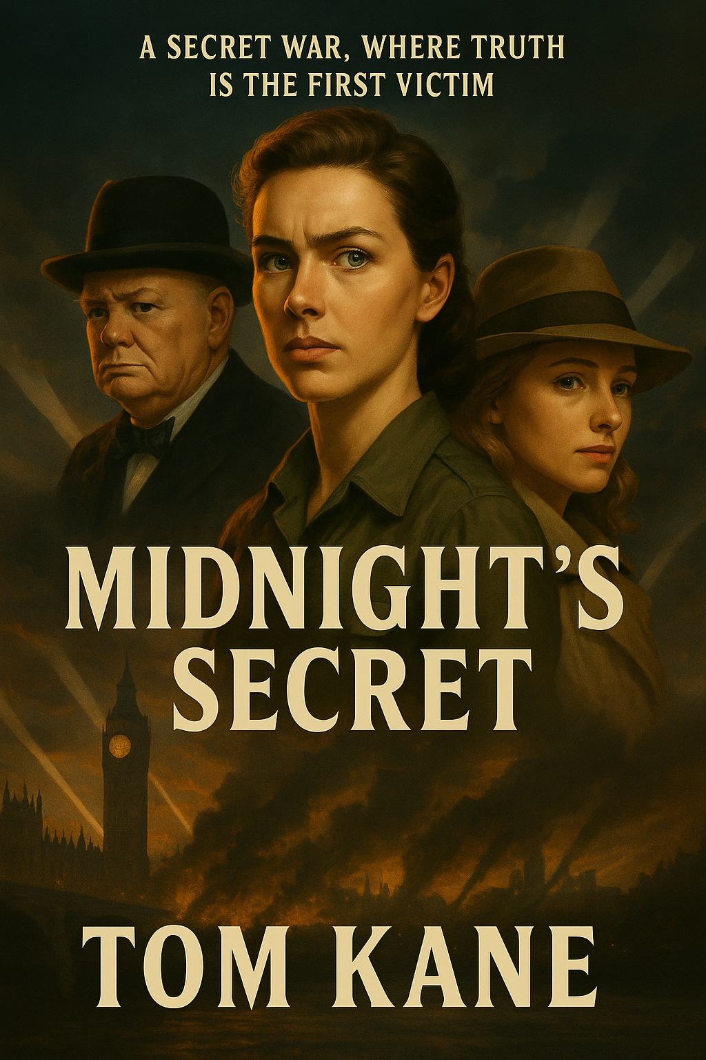 A dramatic book cover featuring three characters in a wartime setting.