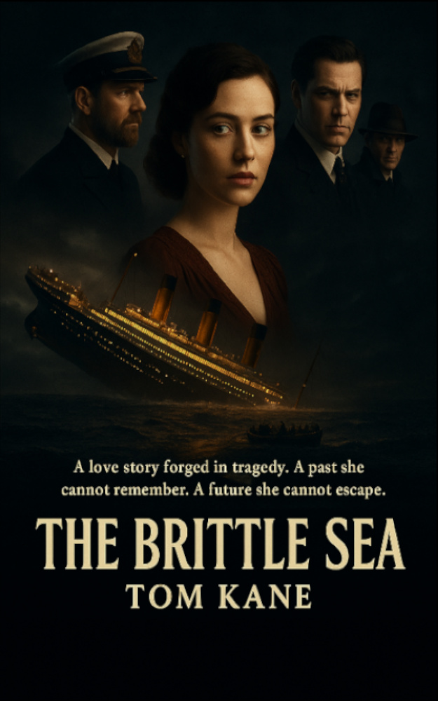 Book cover for "The Brittle Sea" by Tom Kane, featuring a ship sinking in the background.