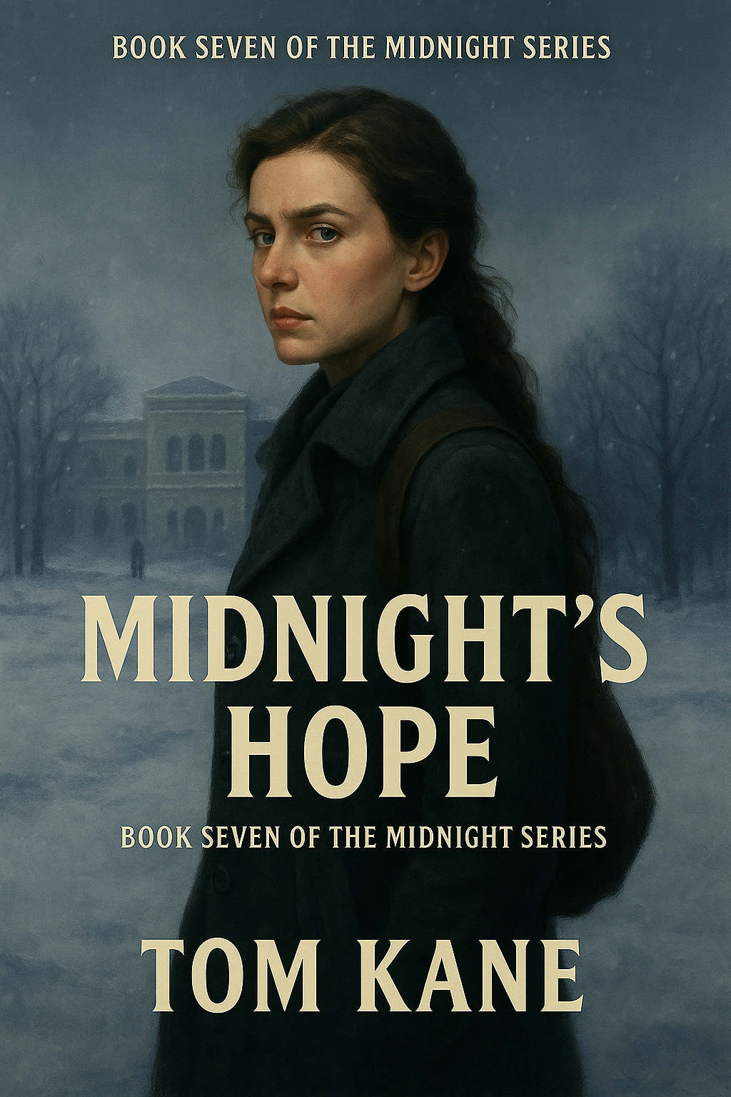 Publishing Winter 2027 A woman in a dark coat stands in front of a grey, foggy landscape, with a serious expression.