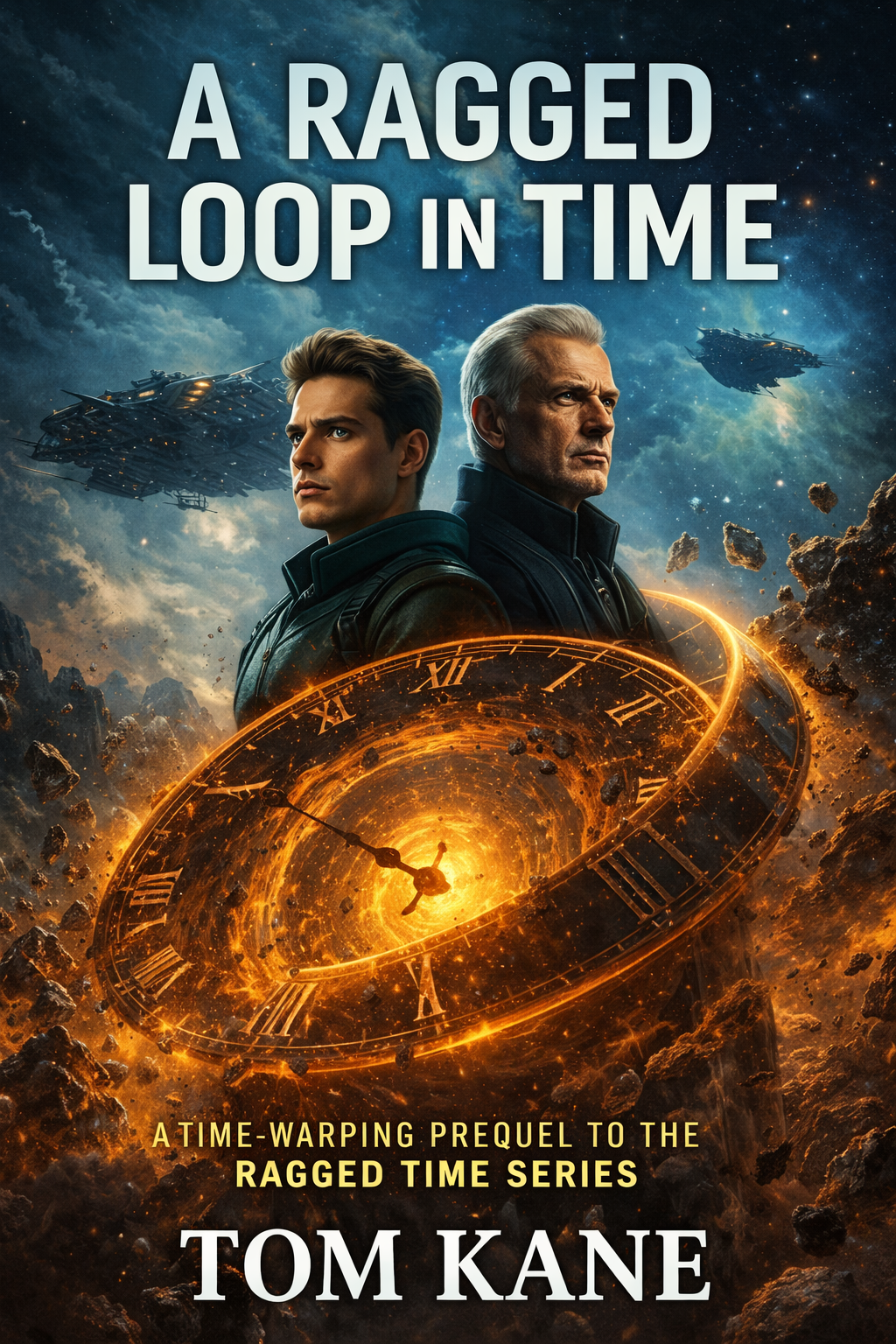 Two men stand against a dramatic cosmic backdrop with a swirling time loop.
