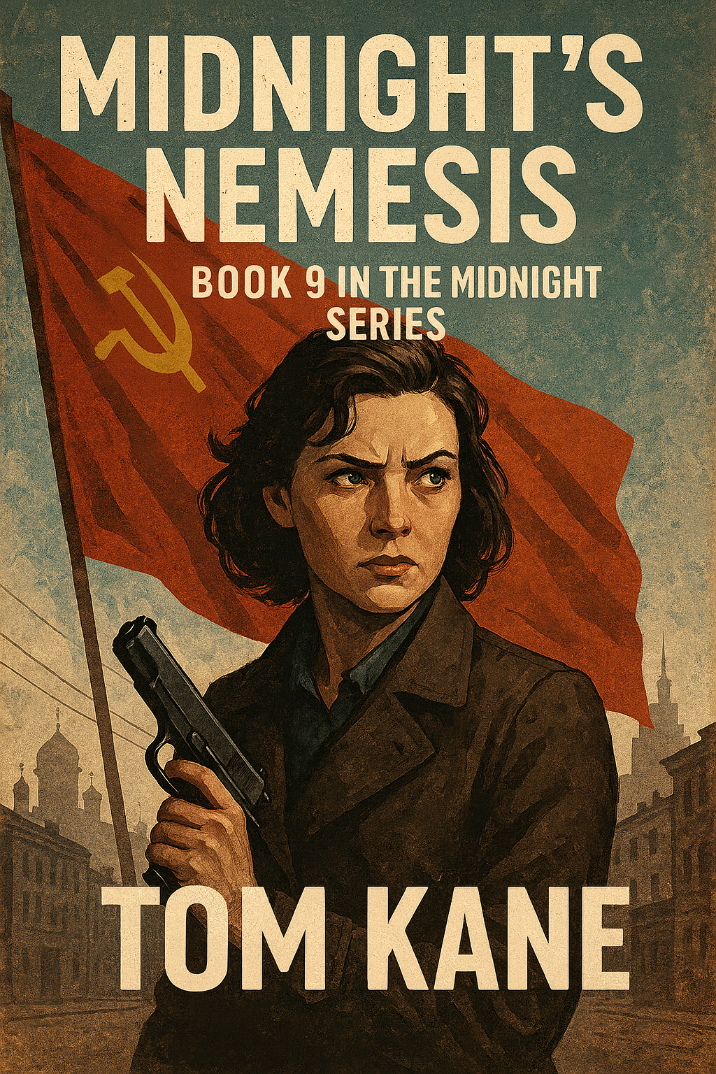 Publishing Summer 2028 Book cover featuring a woman holding a gun with a Soviet flag backdrop, titled "Midnight's Nemesis."