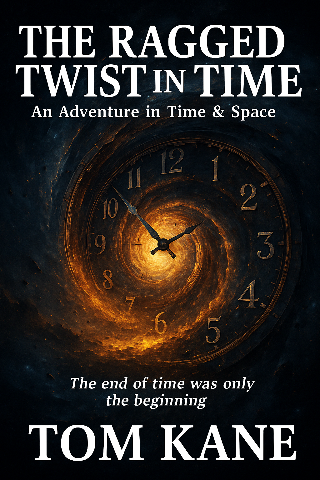 Publishing Summer 2027 Book cover featuring a swirling galaxy with a clock, titled "The Ragged Twist in Time."