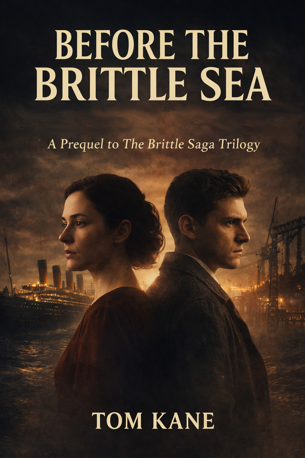 Cover of "Before the Brittle Sea" by Tom Kane, featuring two characters against a dark background.