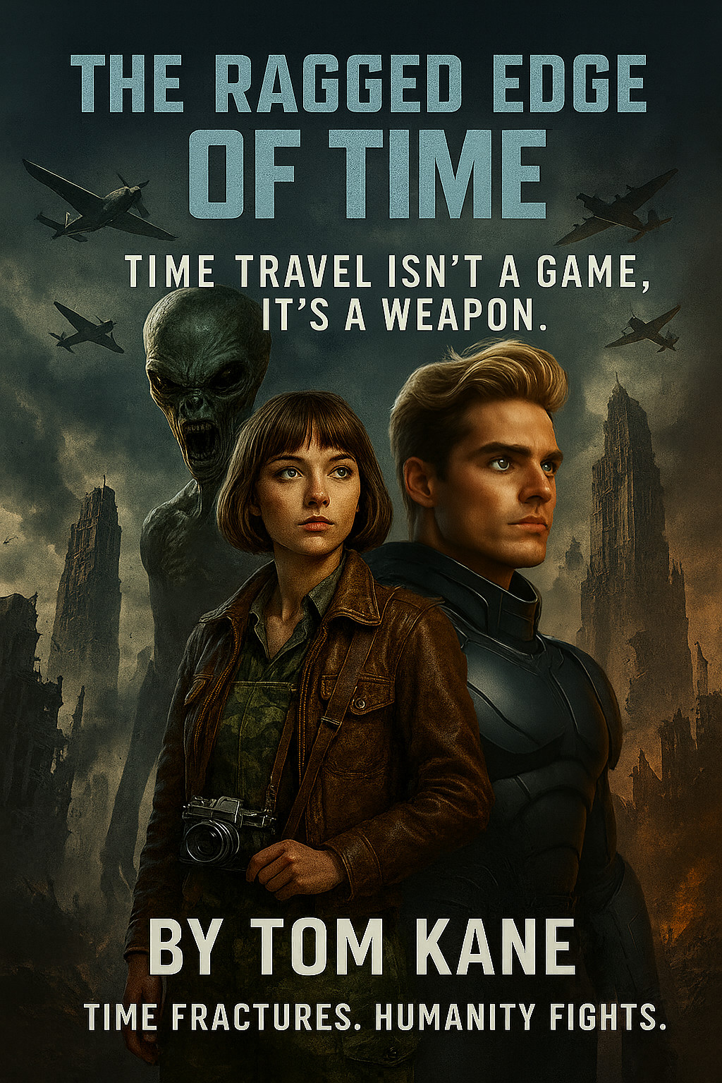 A dystopian scene featuring a woman and a man against a dramatic landscape with aircraft.
