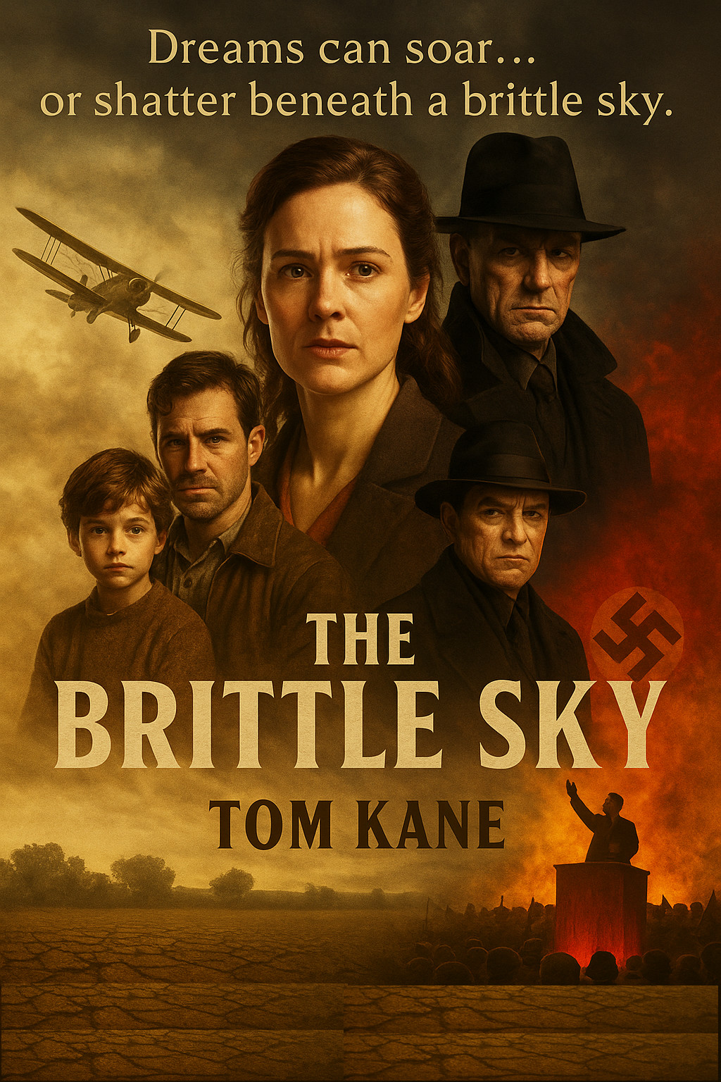 A woman and three men appear against a dramatic sky, featuring a vintage plane and a statue.