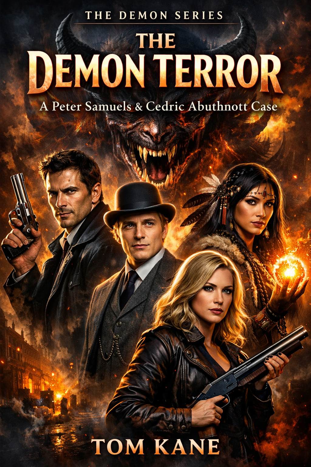 Cover of "The Demon Terror" featuring four characters with weapons, surrounded by a demonic backdrop.