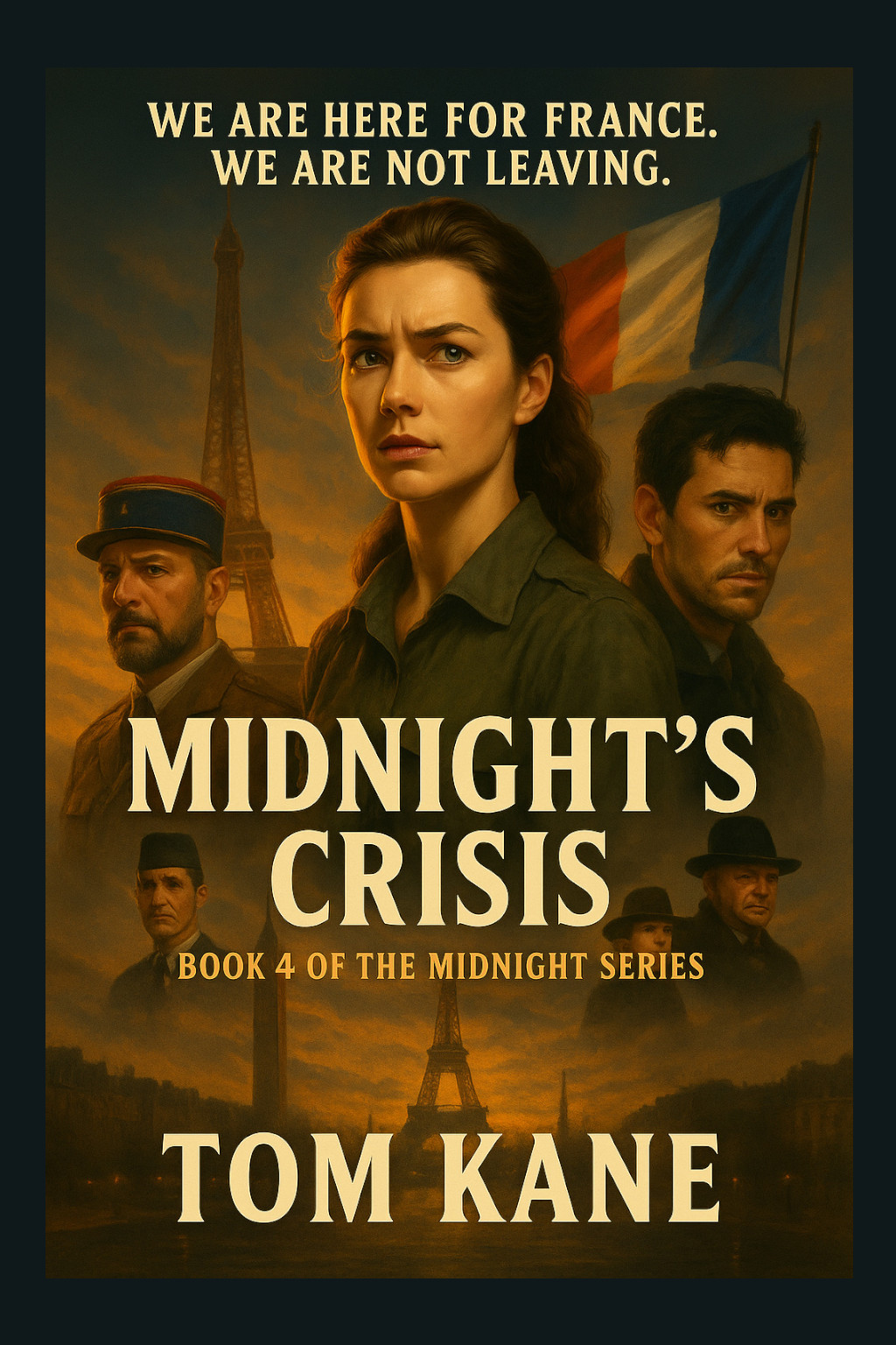 Book cover for "Midnight's Crisis" featuring a woman in military attire and men in the background.