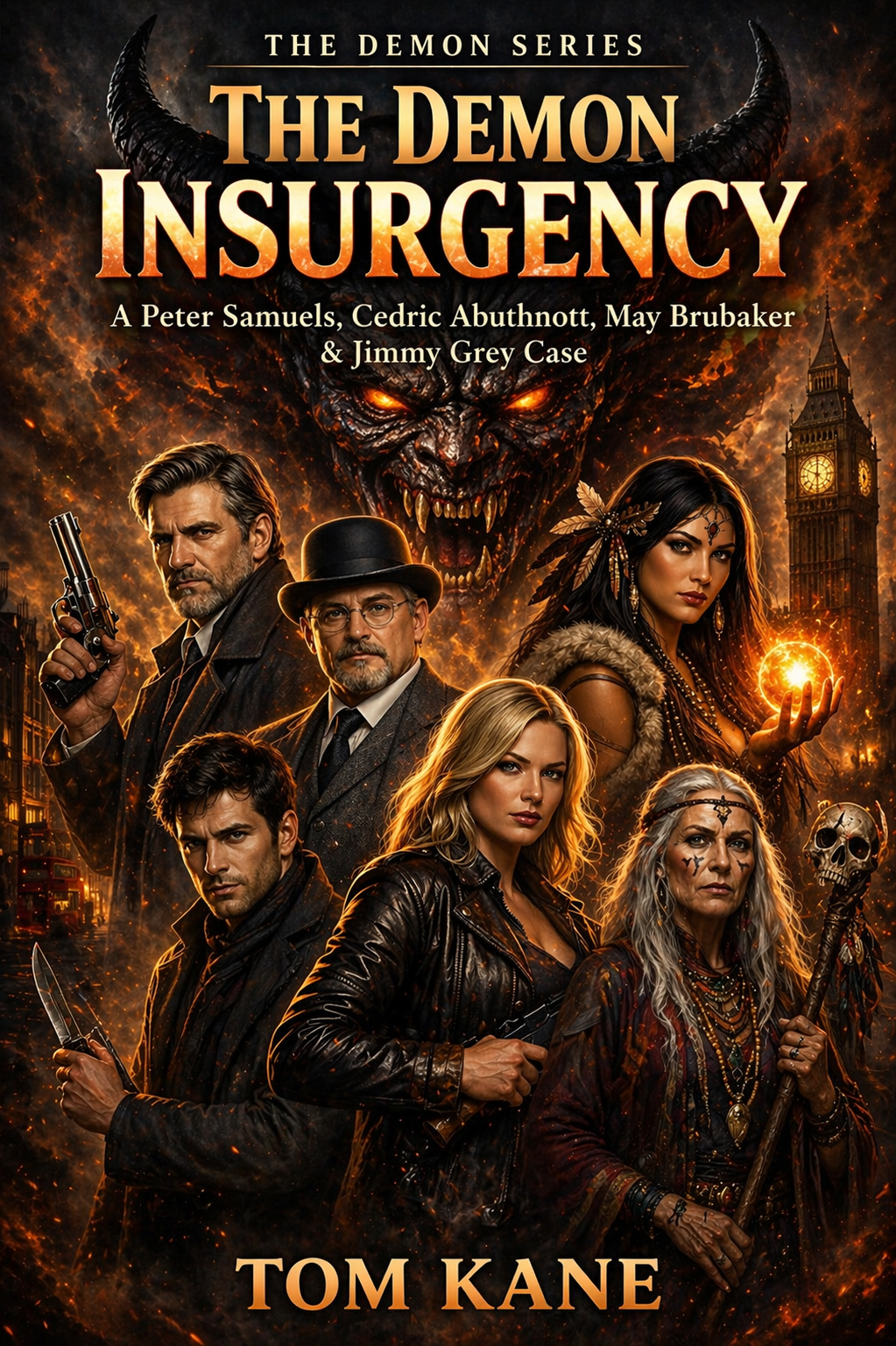 Publishing Winter 2026/7 Cover of "The Demon Insurgency" featuring a group of characters against a dark, fiery background.